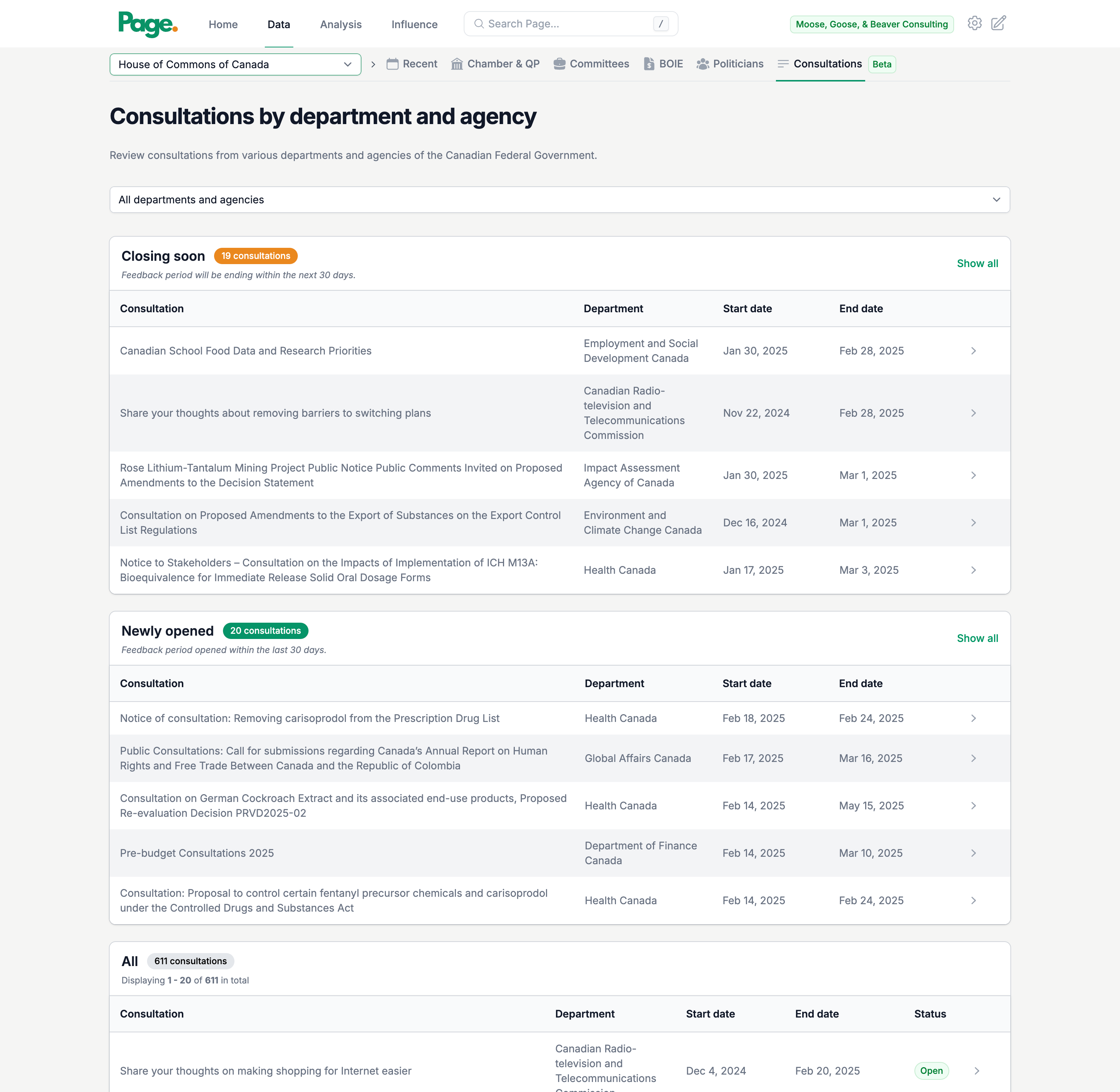 Consultation index showing open and upcoming government consultations