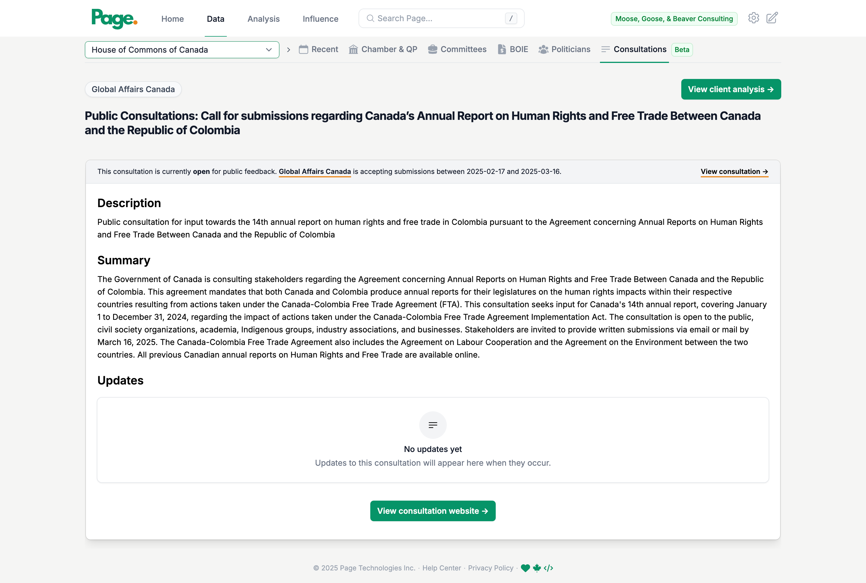 Detailed view of a government consultation with summary and status