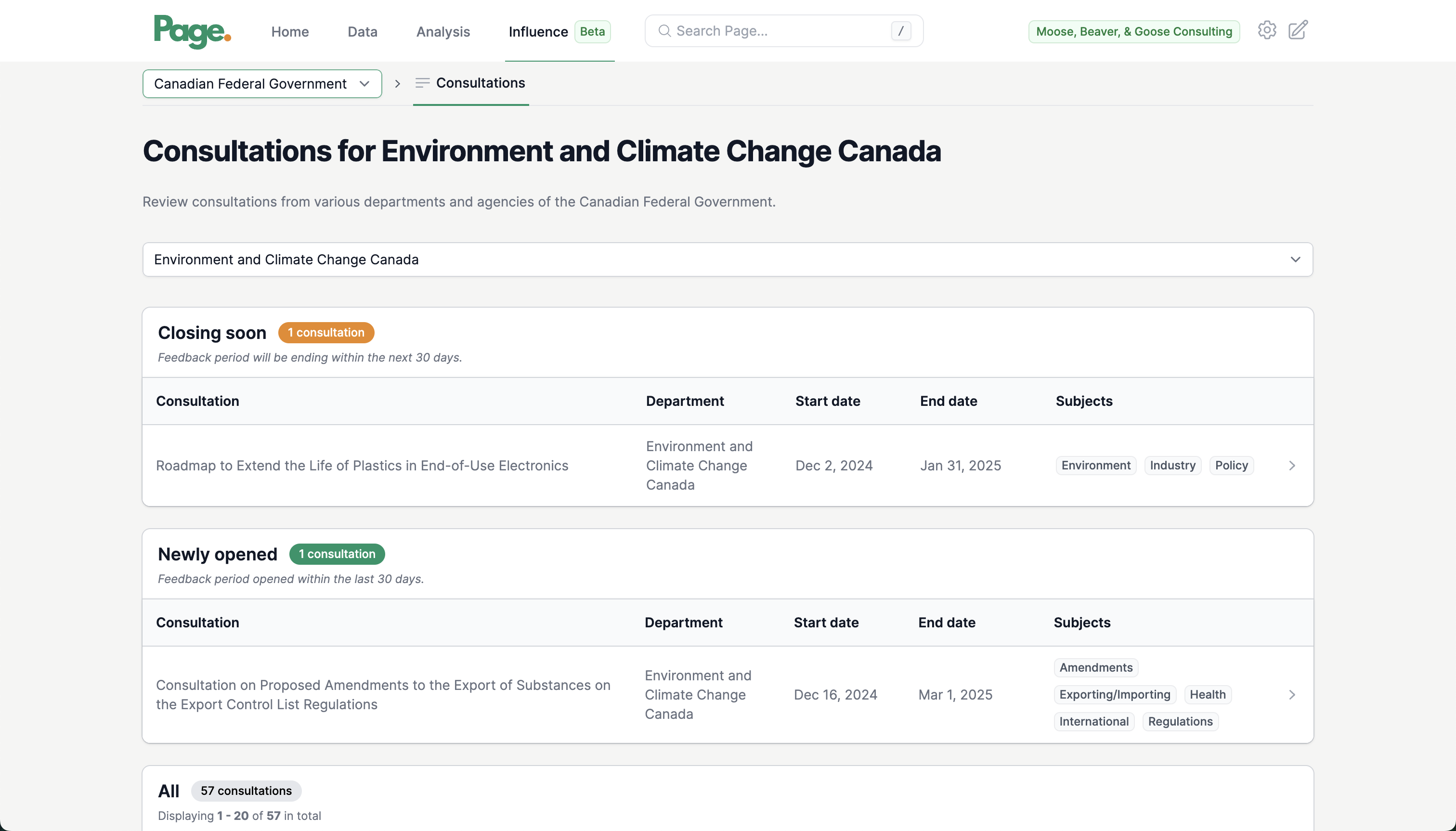 A consultations page, showing a list of government consultations and their status.