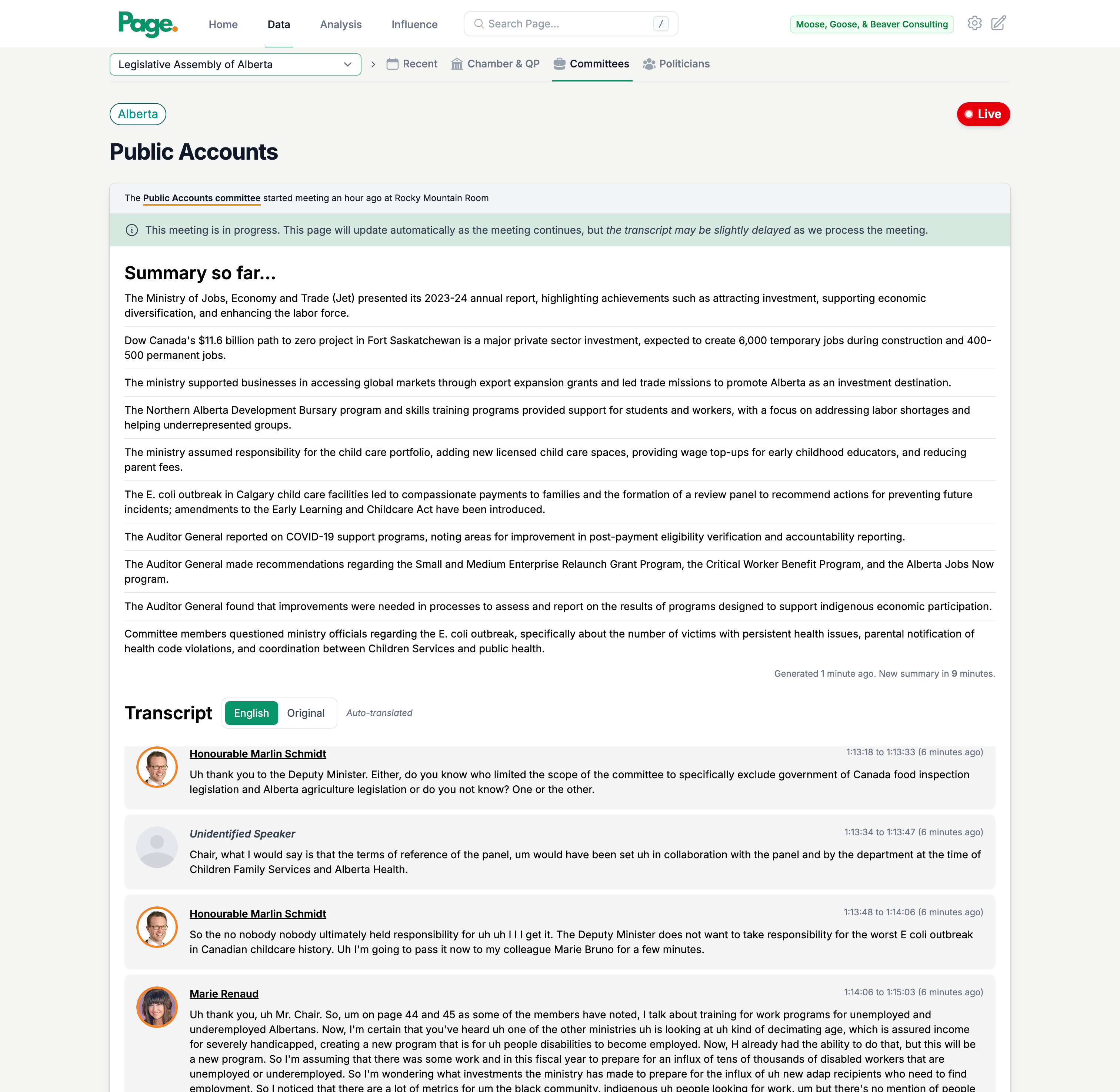Live meeting dashboard with transcripts and key points