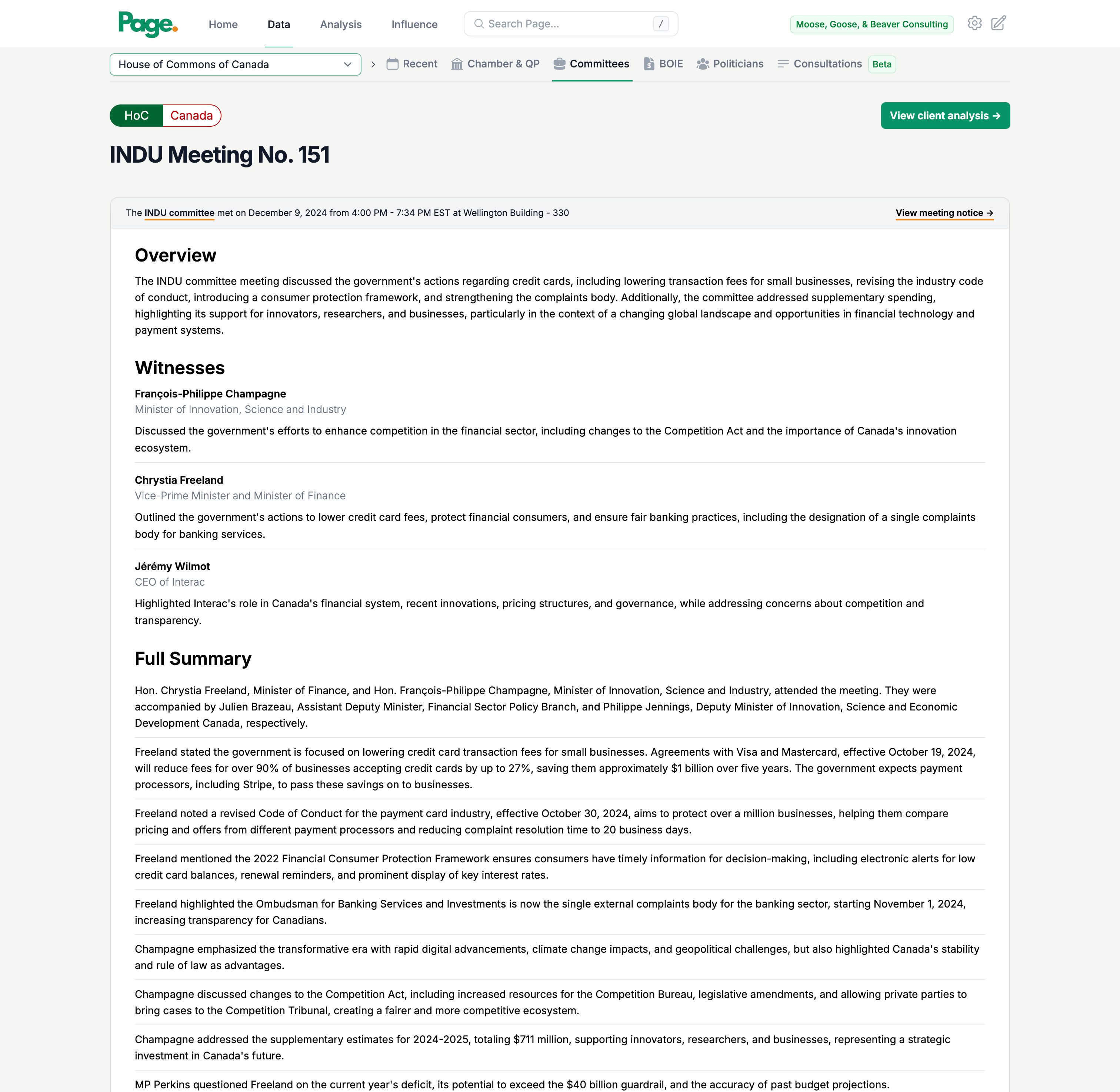 Live meeting dashboard with transcripts and key points