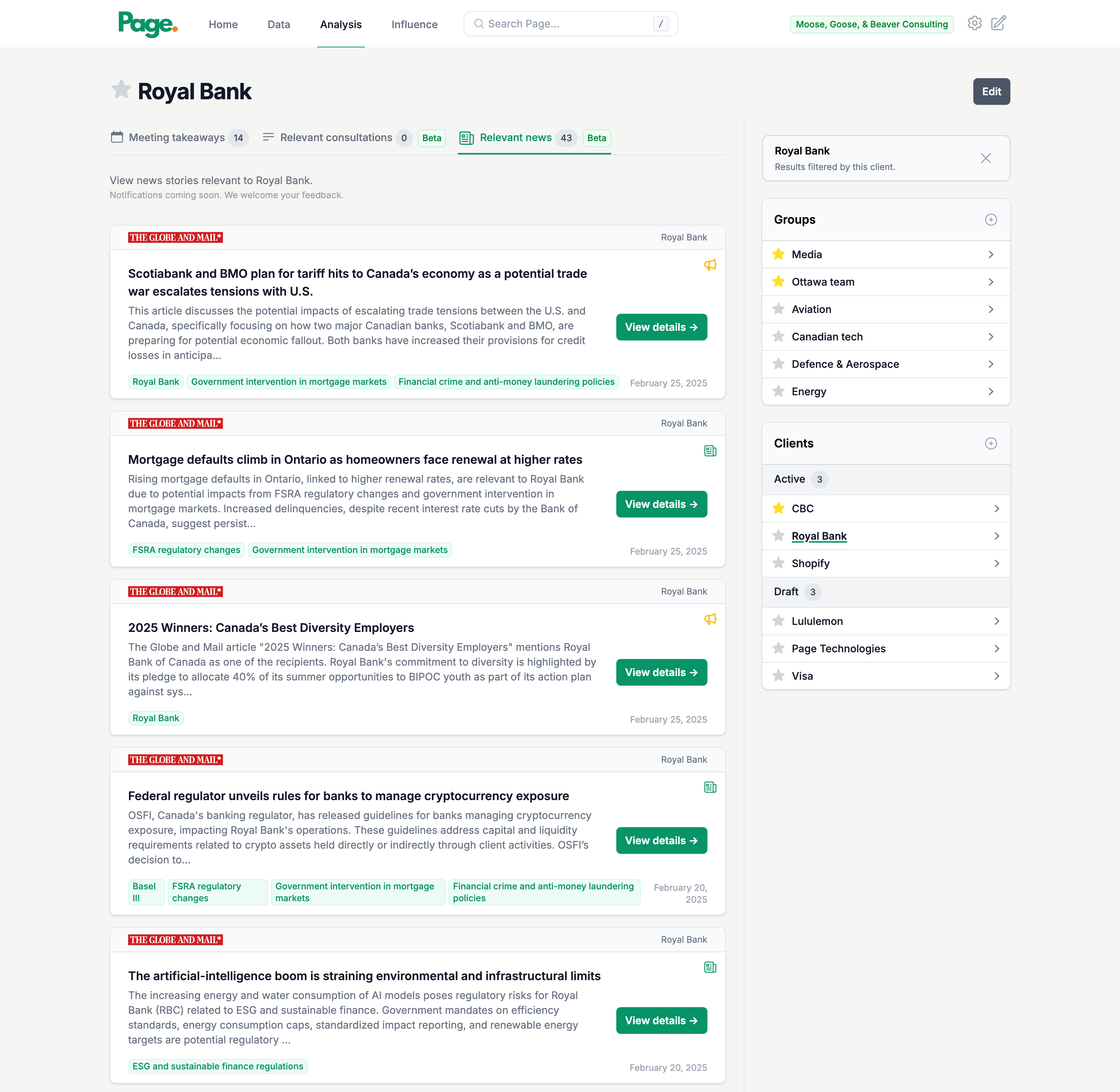 News dashboard showing relevant articles for a client