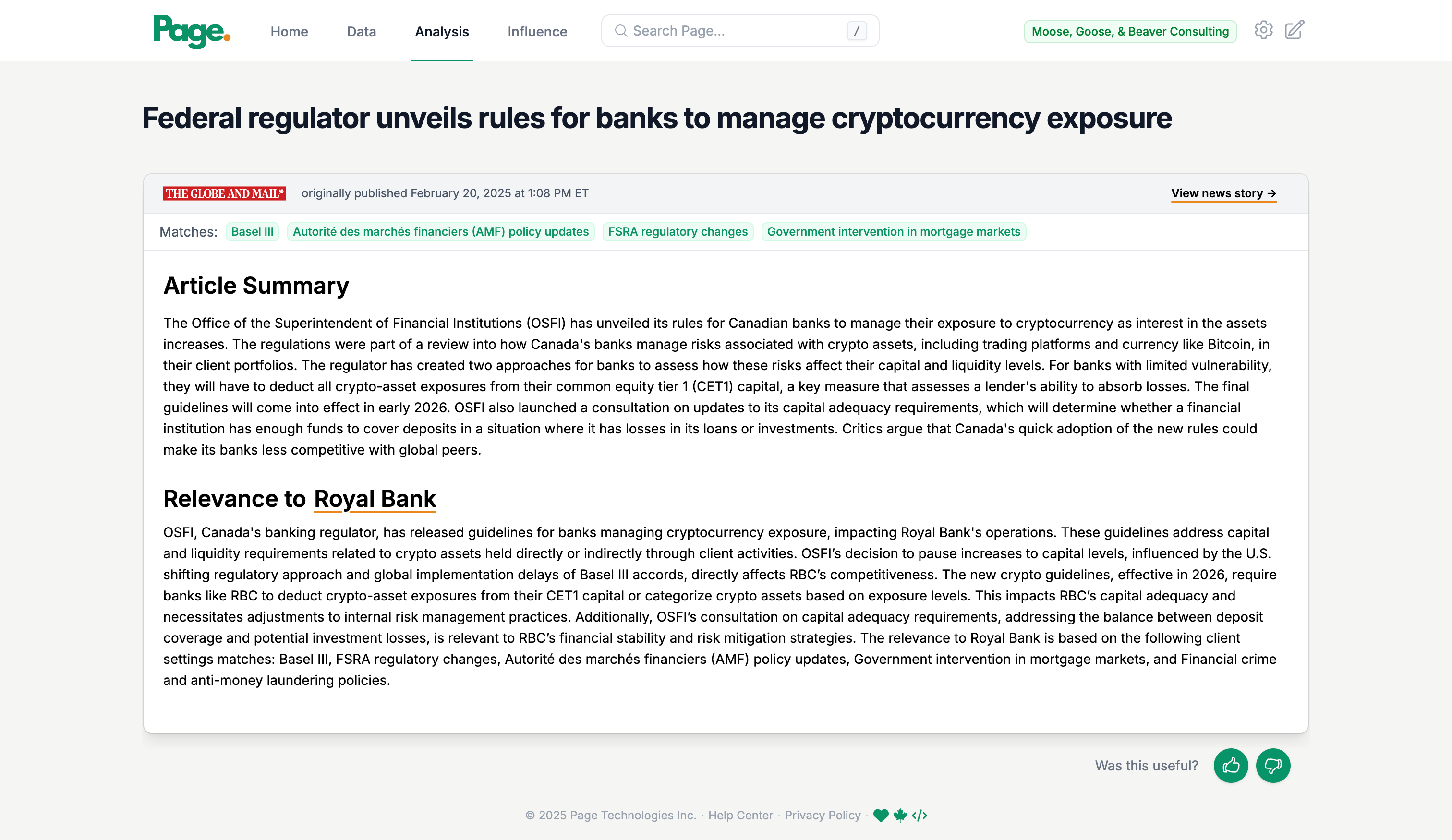 Detailed view of a news article with relevance analysis