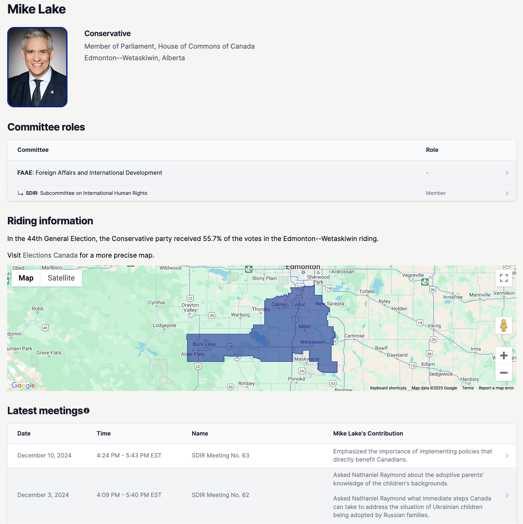 A politician page, showing a politician's details, their committee roles and recent meeting contributions.