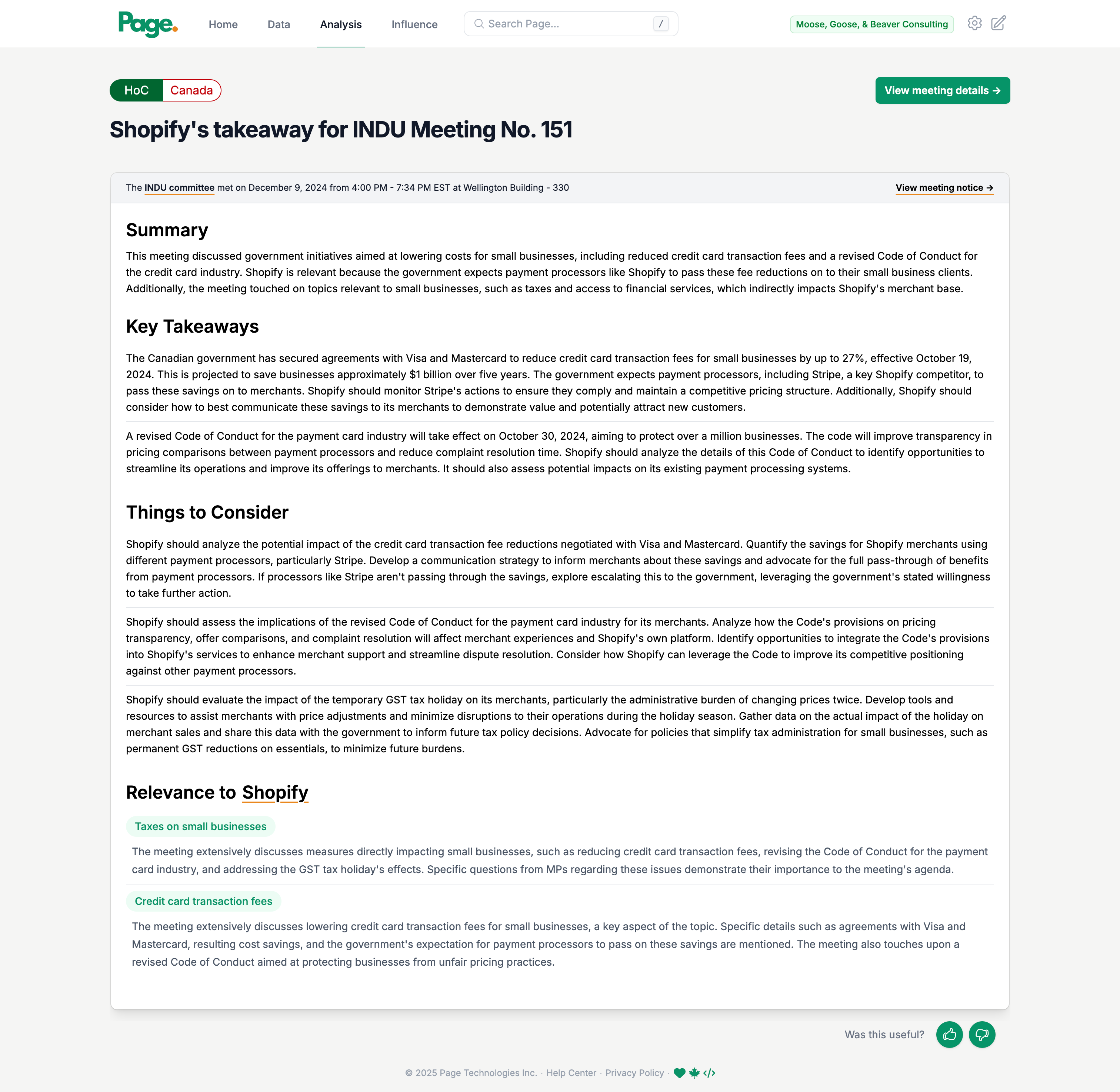 Customized meeting takeaway and focused analysis